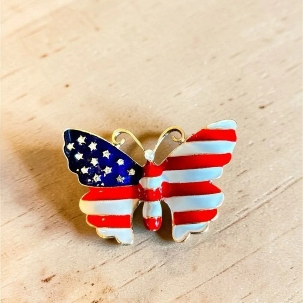 American Flag Butterfly Brooch in Red, White and Blue with Stars
